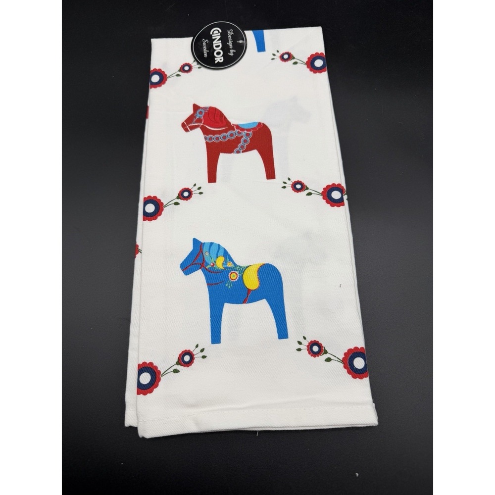 Red Green Blue Dala Horses Swedish Anneko Design Sweden Linen Tea Towel-NEW
